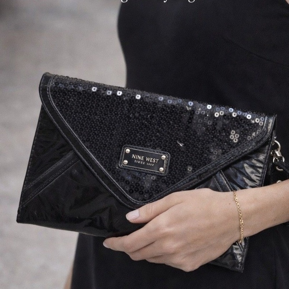 Women's Black Sequin Envelope Clutch Wristlet Patent Evening Party Handbag Purse